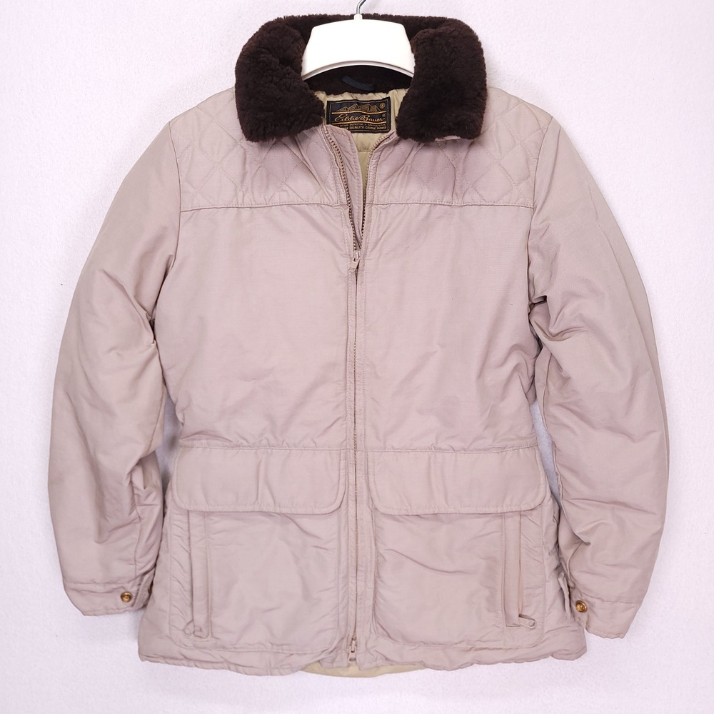 Vintage Eddie Bauer Goose Down Puffer Jacket Tan Beige Faux Fur Collar Women S